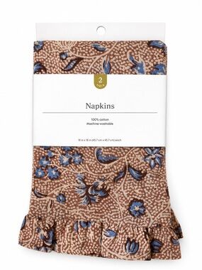 Floral Ruffle Cotton Napkins - Brown & Blue NEW